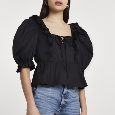 black poplin frill hem sweater dress
