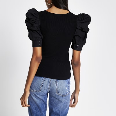 Black poplin puff sleeve square neck top