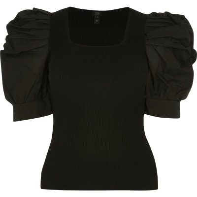 Black poplin puff sleeve square neck top