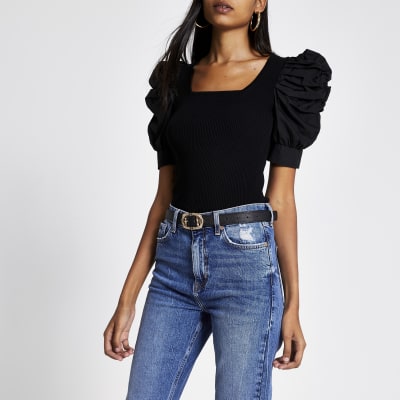 Black poplin puff sleeve square neck top