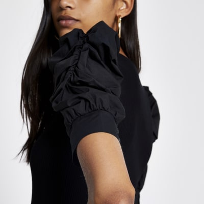Black poplin puff sleeve square neck top