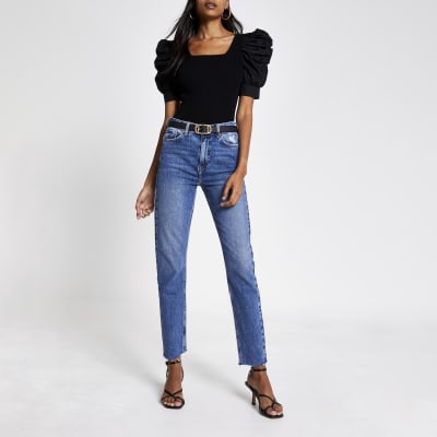 Black poplin puff sleeve square neck top