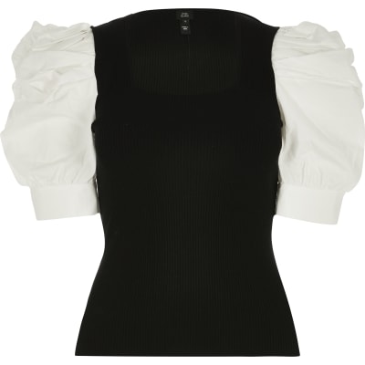 Black poplin puff sleeve square neck top