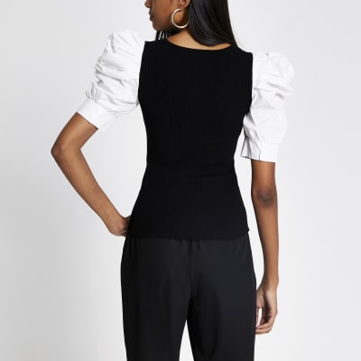 Black poplin puff sleeve square neck top