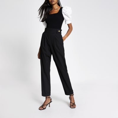 Black poplin puff sleeve square neck top