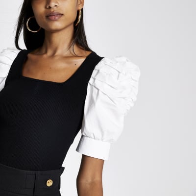 Black poplin puff sleeve square neck top