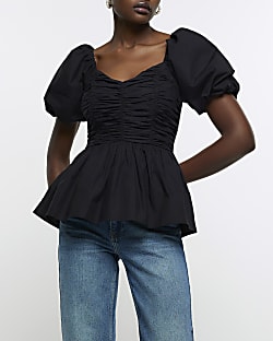Black poplin ruched puff sleeve blouse