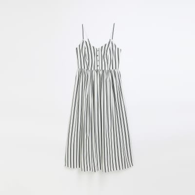 Black poplin stripe swing midi dress | River Island