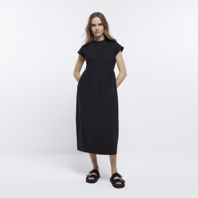 Black poplin t-shirt midi dress