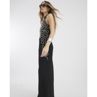Black Premium Embellished Halter Neck Dress | River Island