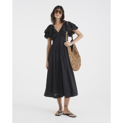 Black Premium flutter midi dress