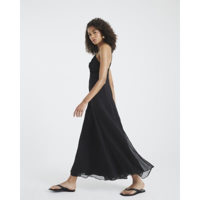knee length dresses for ladies River Island Black Asymmetrical Draped Maxi Dress UK XS