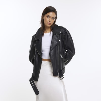 Black premium leather oversized biker jacket