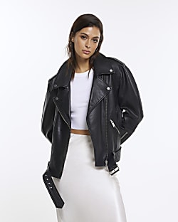 Black premium leather oversized biker jacket