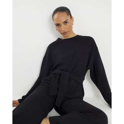 Black Premium Long Sleeve Tie Front Top