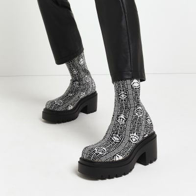 Black print ankle sock boots River Island