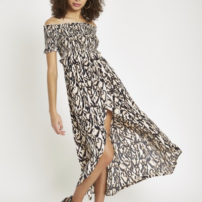 black shirred maxi dress