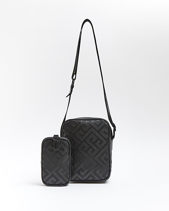 Black print cross body bag with pouch