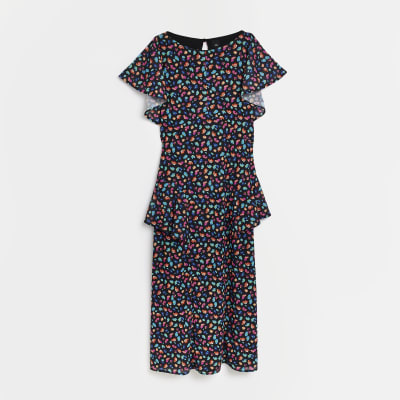 Black print frill shift midi dress