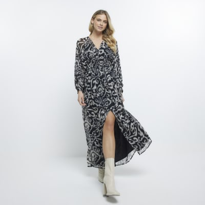 Black print long sleeve maxi dress