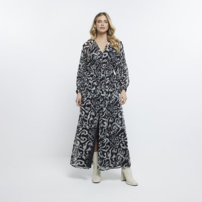 Black print long sleeve maxi dress