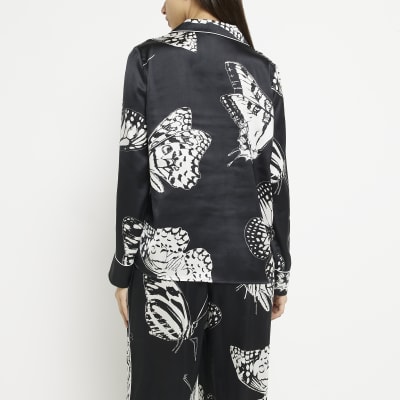 Black print satin pyjama top