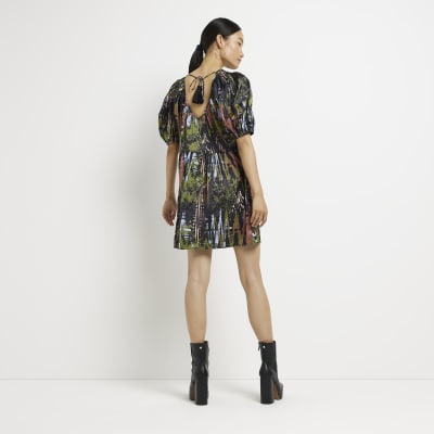 Black print satin shift mini dress