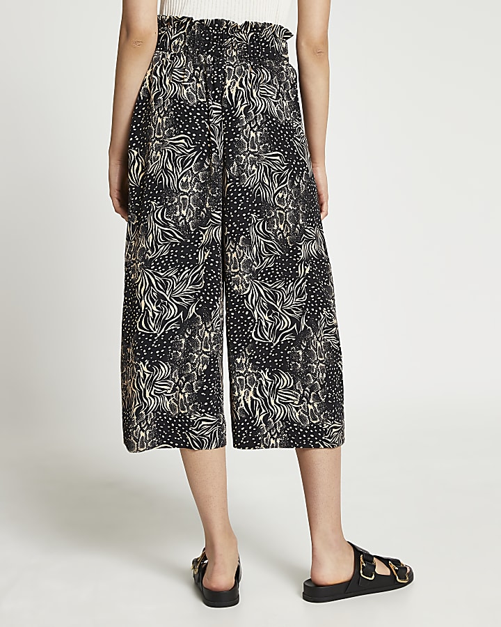 Black printed belted culotte trousers
