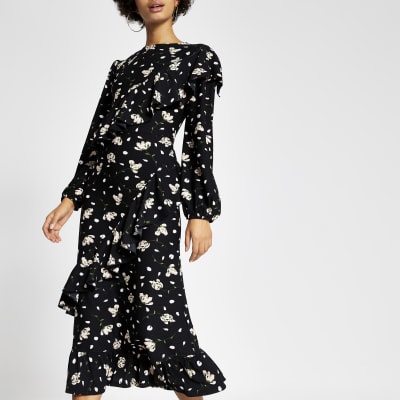 river island midi dress with ruffle detail in pink floral