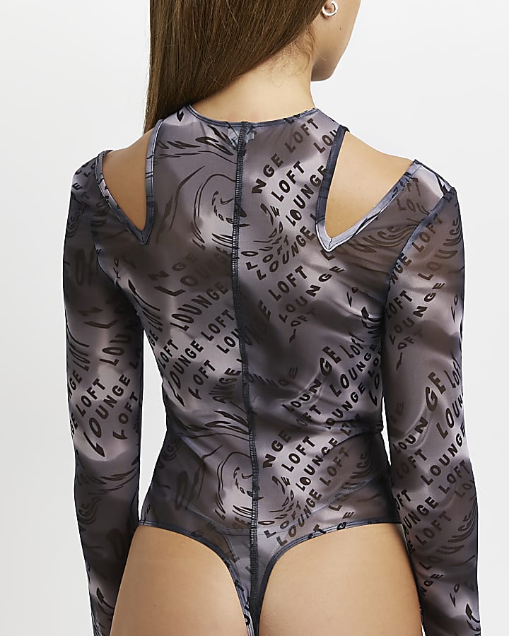 Black printed mesh bodysuit