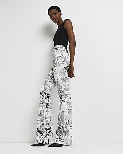 Black printed mid rise flared jeans
