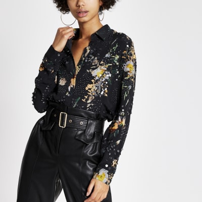 Black printed sequin embellished shirt | River Island