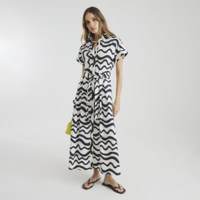 Black Printed Short Sleeve Midi Shirt Dress