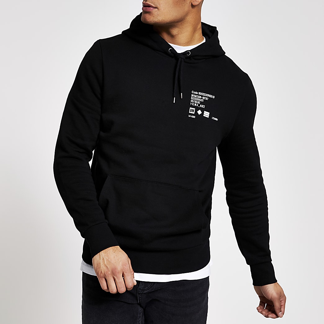 Black printed slim fit hoodie | River Island