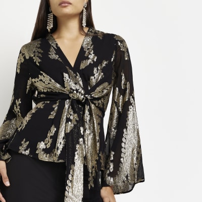 Black printed tie front blouse