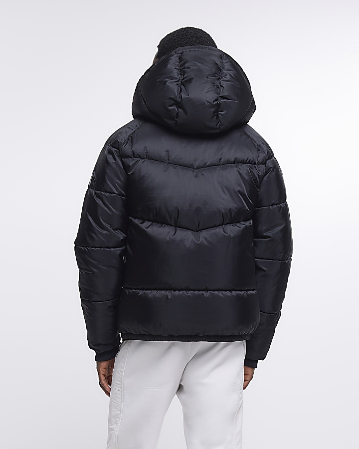 Black Prolific long sleeve hooded puffer coat