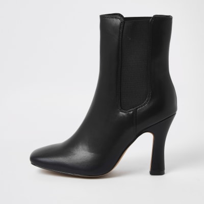 Black PU block heel boots | River Island