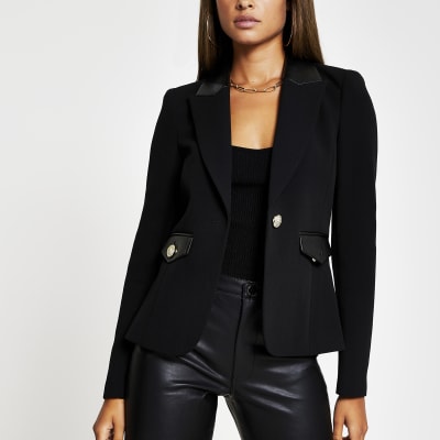 Black Pu gold button detail blazer | River Island