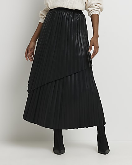 Black PU pleated maxi skirt