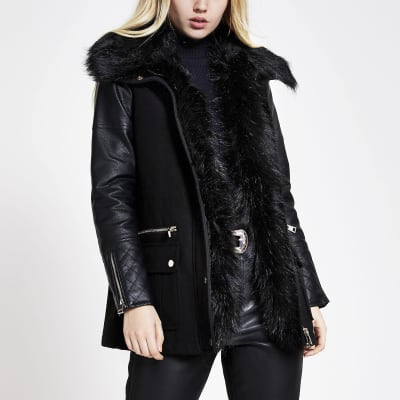 Black PU sleeve parka jacket | River Island