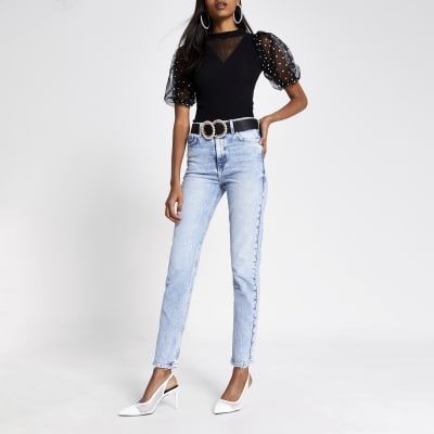 Black puff organza polka dot sleeve knit top