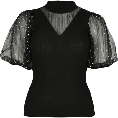 Black puff organza polka dot sleeve knit top