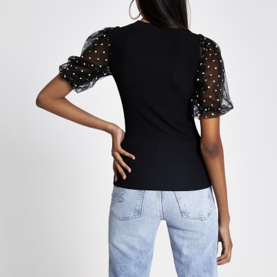 Black puff organza polka dot sleeve knit top