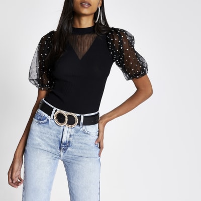 Black puff organza polka dot sleeve knit top