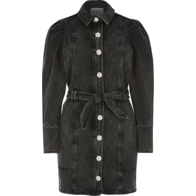 river island black denim dress