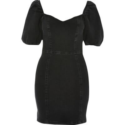 river island black denim dress