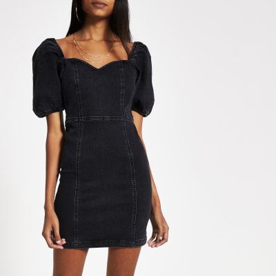 puff sleeve mini dress black