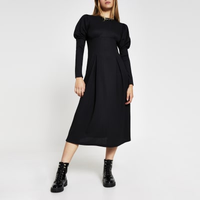 Black Puff Sleeve Midi Dress : Puff Sleeve Tiered Midi Dress In Black ...