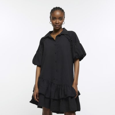 Black puff sleeve mini shirt dress | River Island