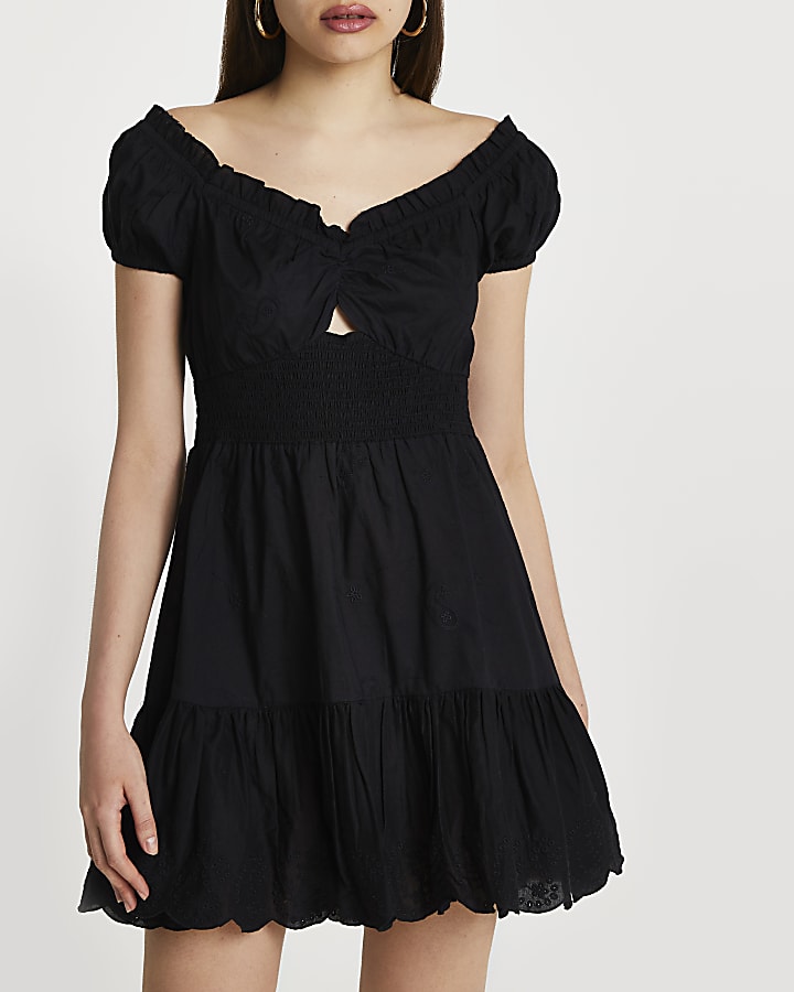 Black puff sleeve shirred mini beach dress